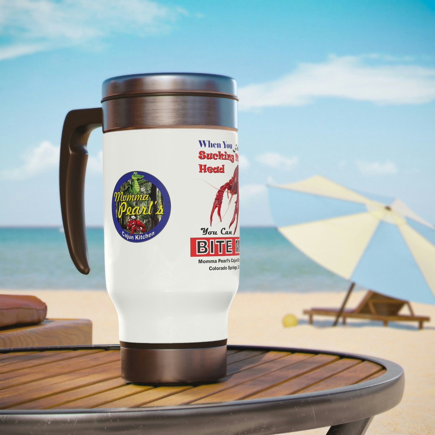 Momma Pearl's Crawfish Stainless Steel Travel Mug with Handle, 14oz